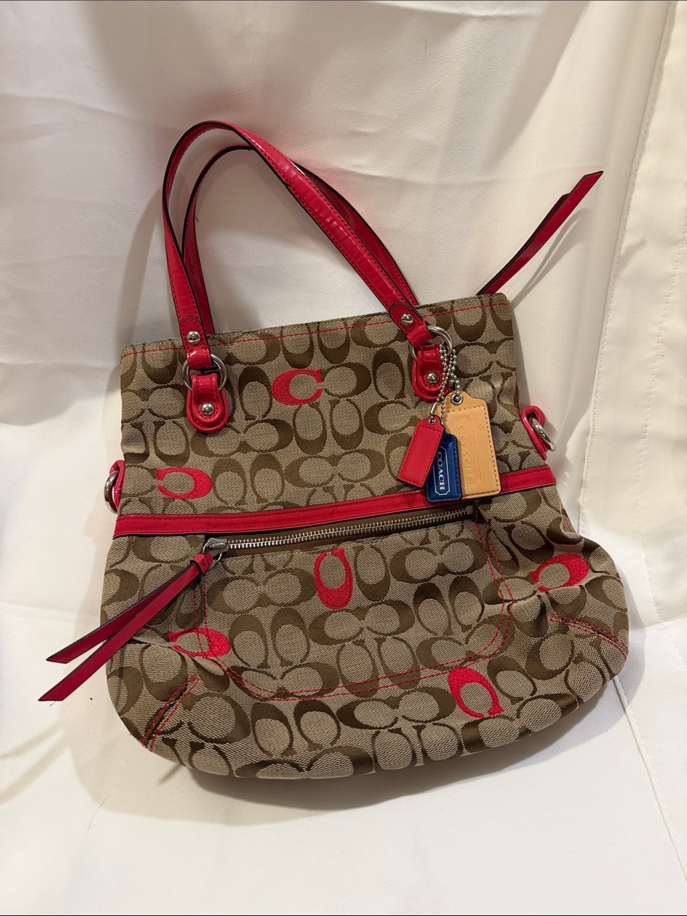 Vintage Coach Brown Signature Canvas Tote with Pink Trim